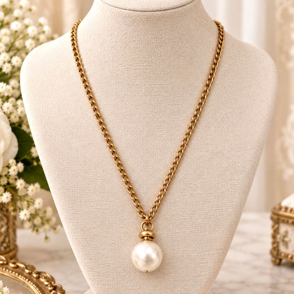 Vintage Napier Large Faux Pearl Pendant Necklace Gold Tone Signed 30"